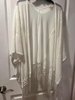 White Fringe Open-Front Kimono Cover-Up
